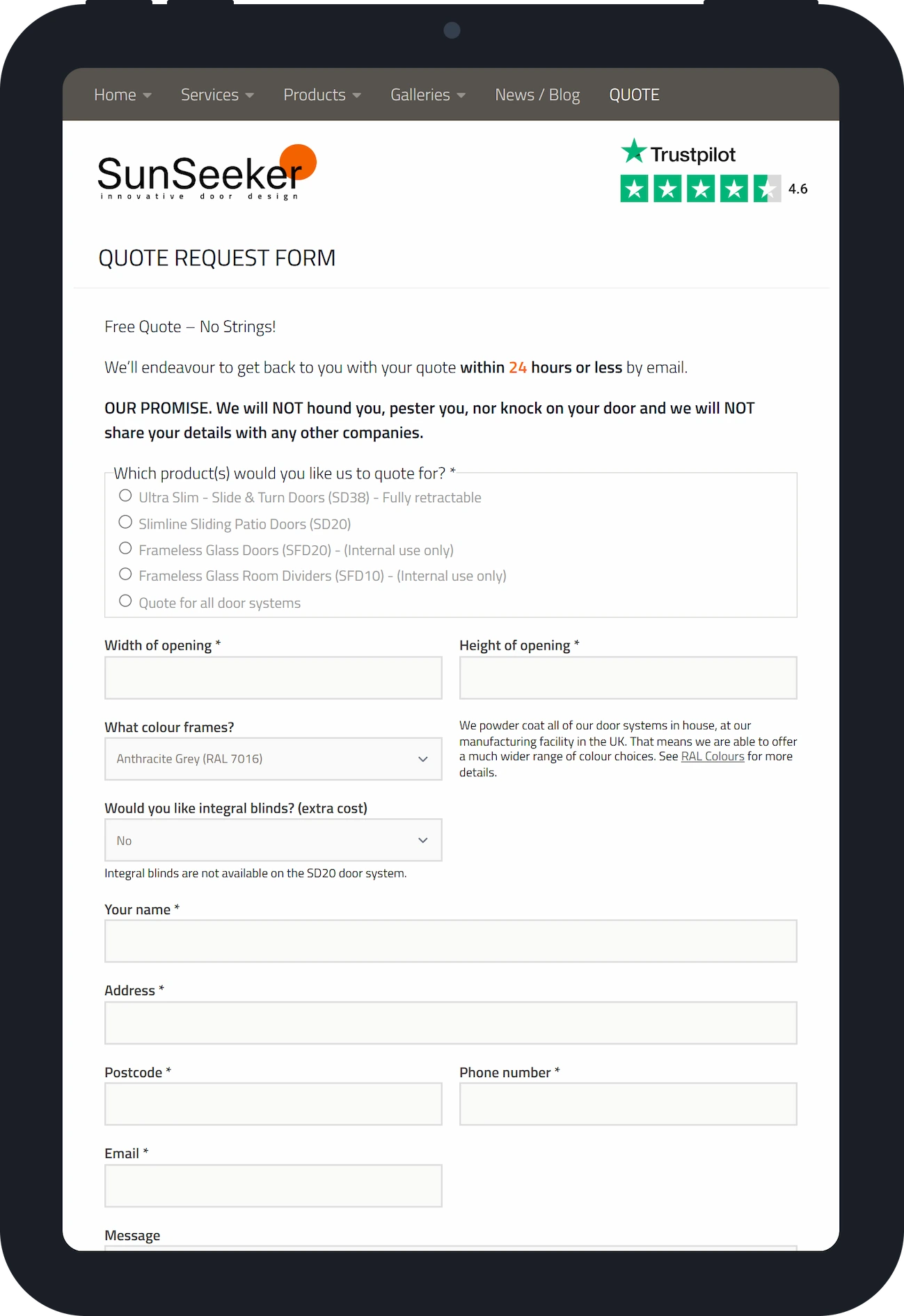 Screenshot of the quote request page on the new SunSeeker Doors website