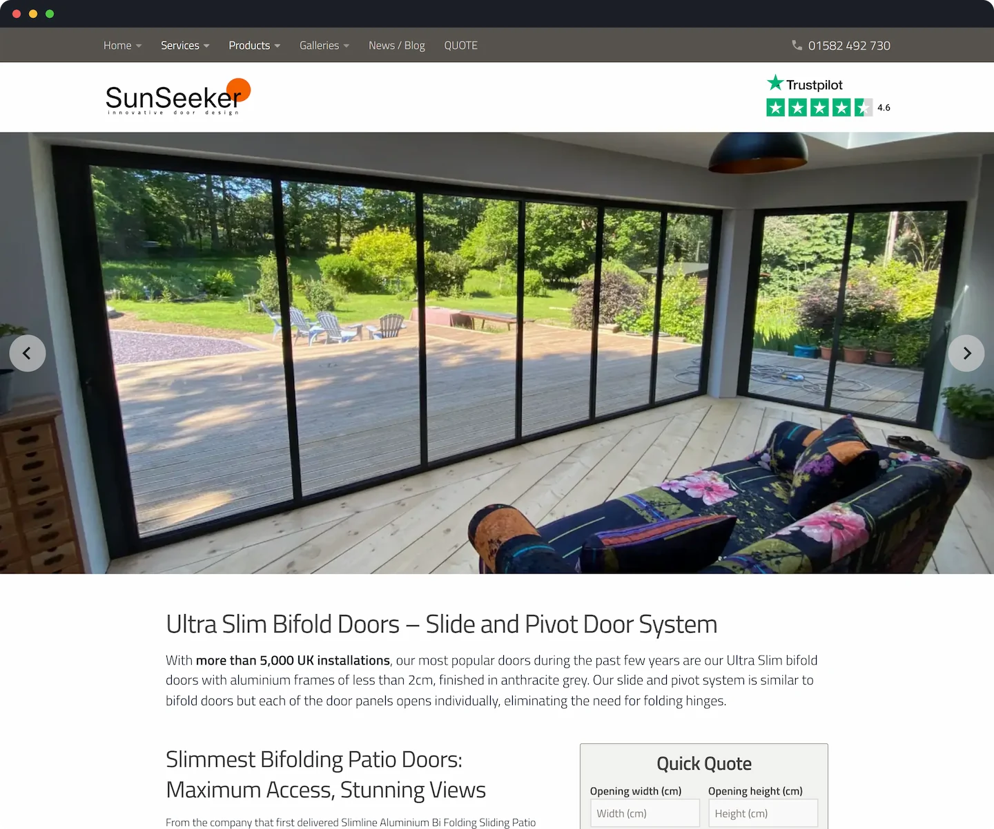 Screenshot of the UltraSlim Slide and Turn Doors product page on the new SunSeeker Doors website