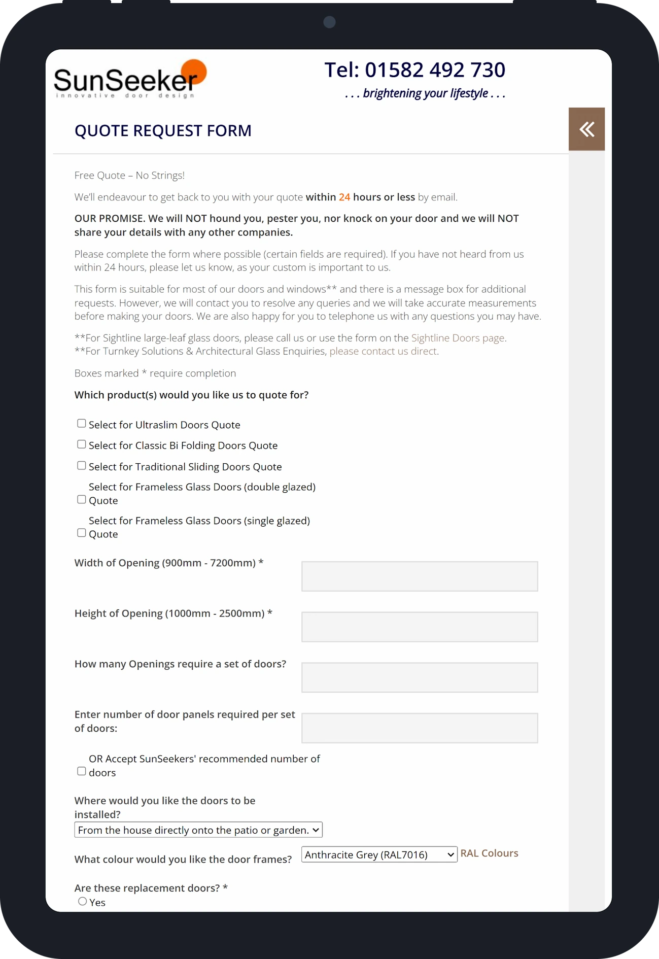 Screenshot of the quote request page on the old SunSeeker Doors website