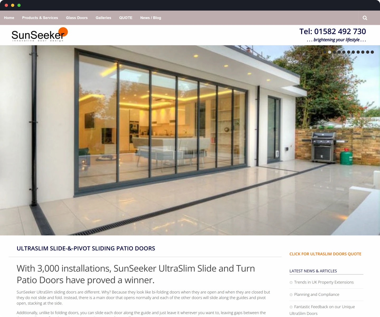 Screenshot of the UltraSlim Slide and Turn Doors product page on the old SunSeeker Doors website