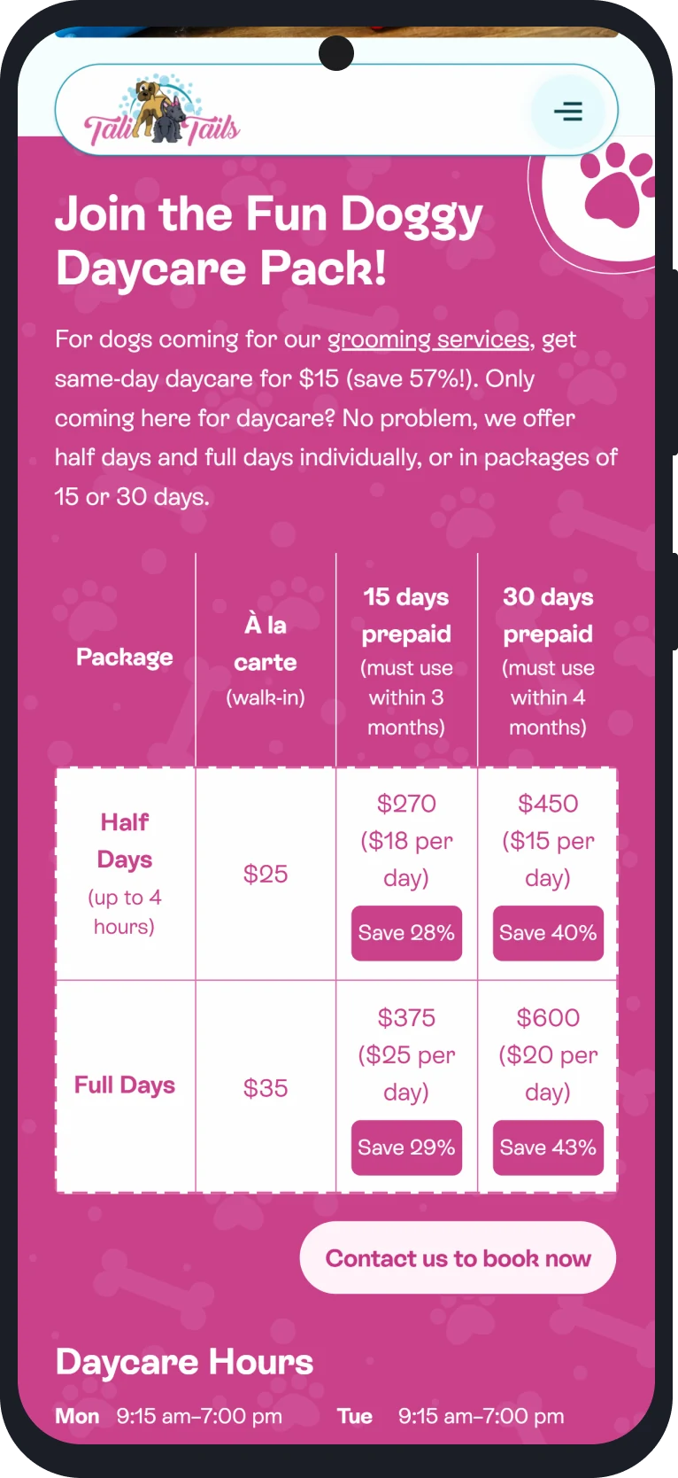 Screenshot of the pricing table on the Doggy Daycare page on the Tali Tails website on a mobile device