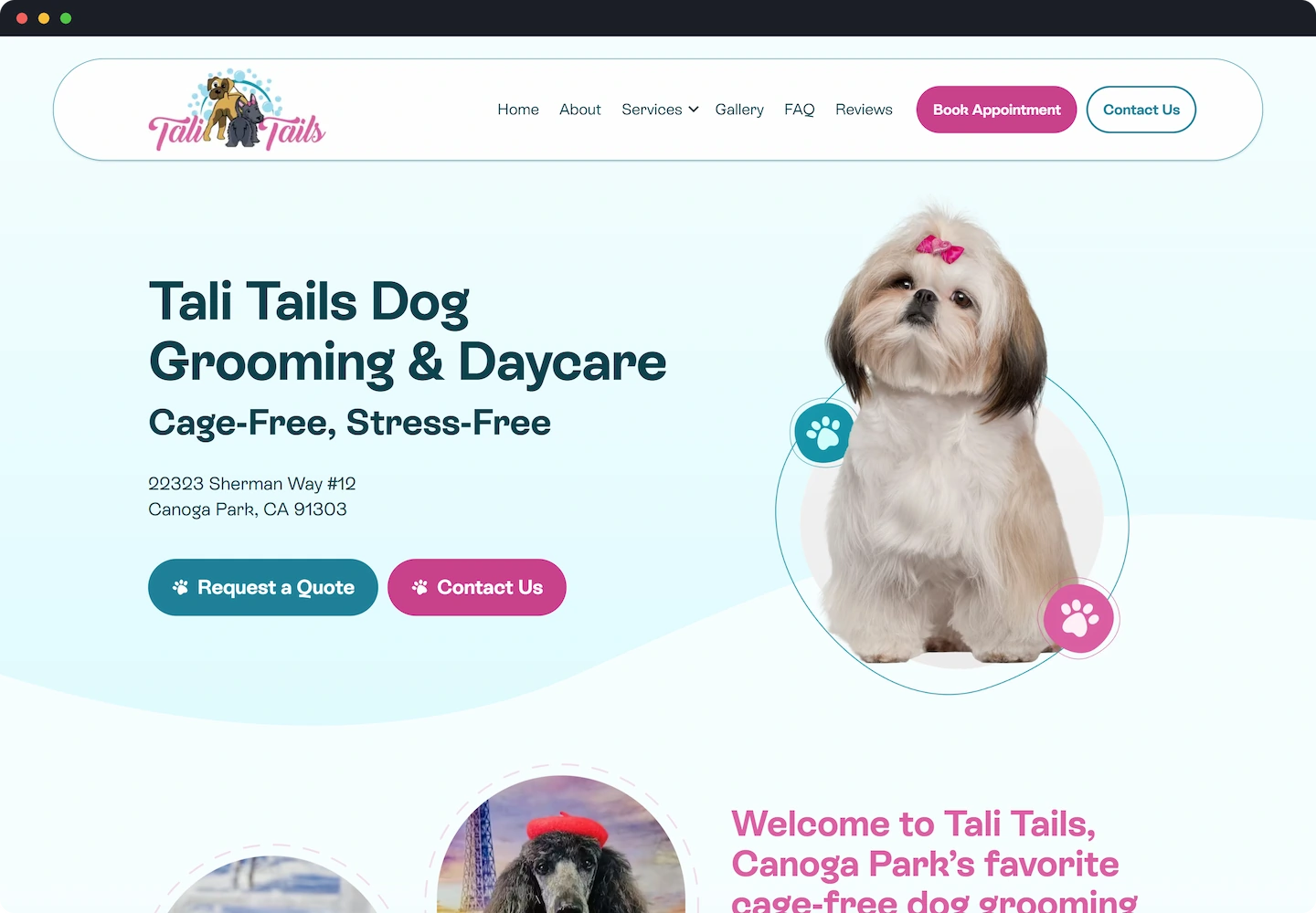 Screenshot of the home page of the Tali Tails website