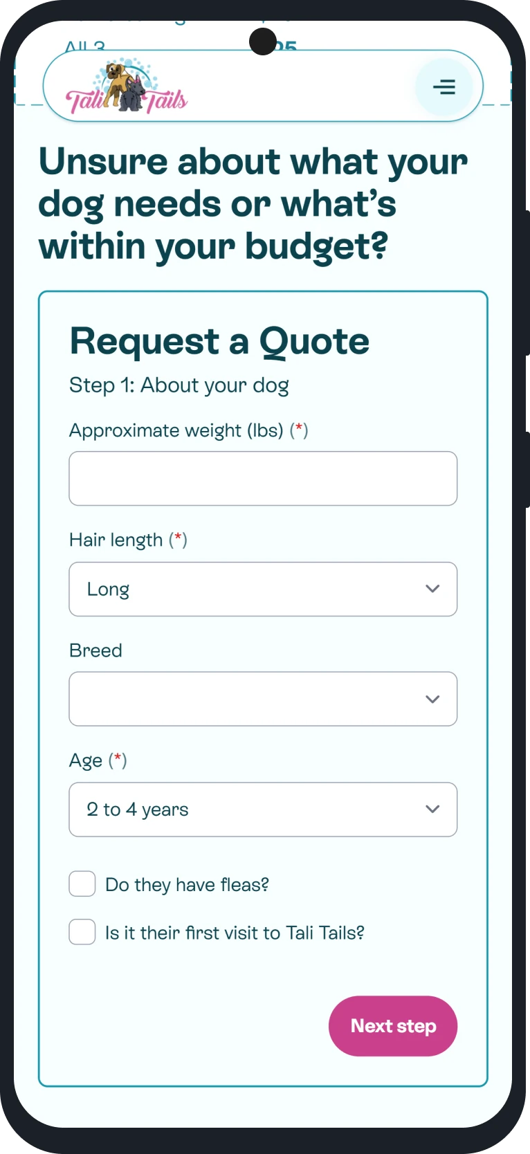 Screenshot of the quote request form on the Tali Tails website on a mobile device