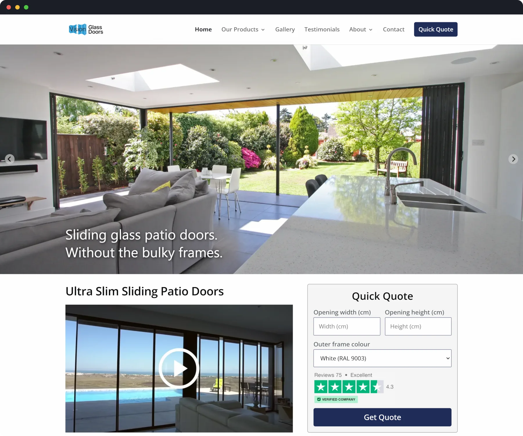 Screenshot of the home page of the new Vision Glass Doors website