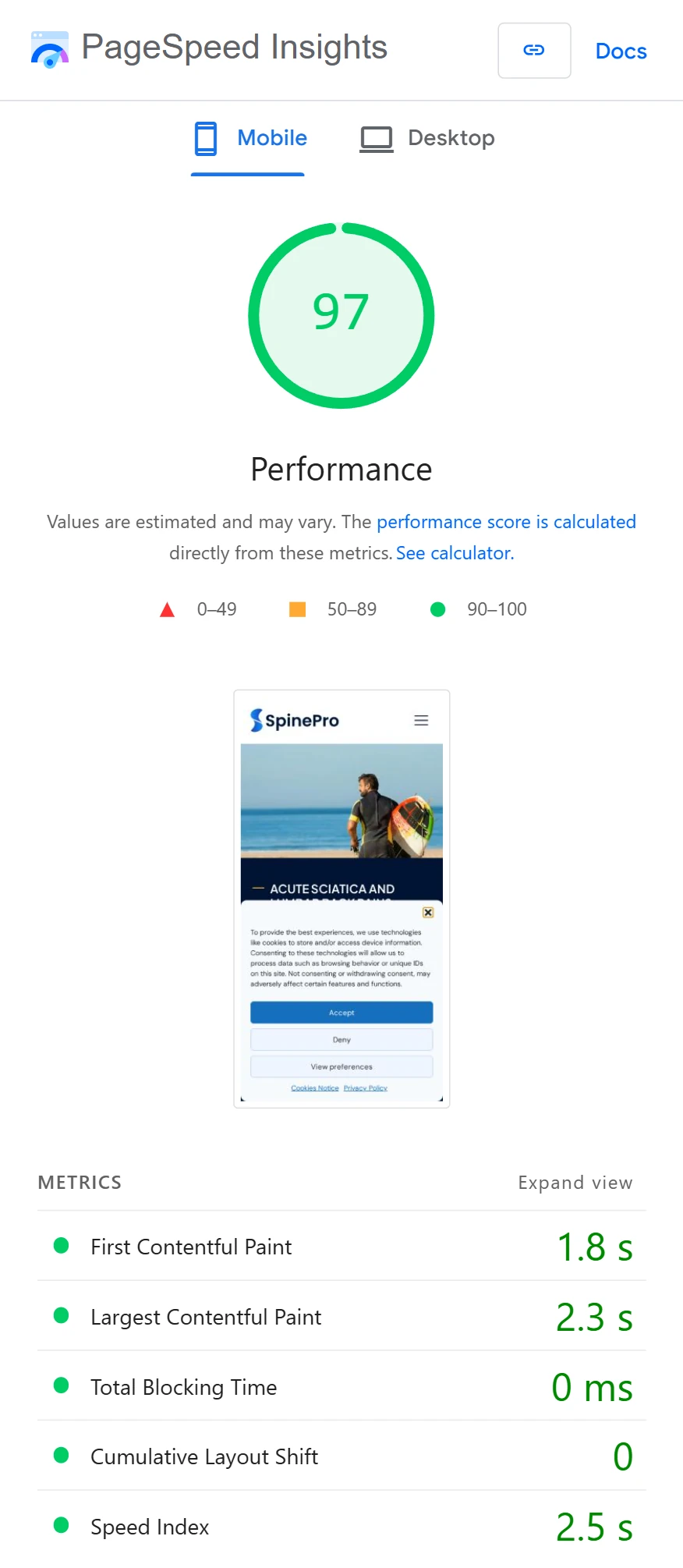 PageSpeed Insights score for new site