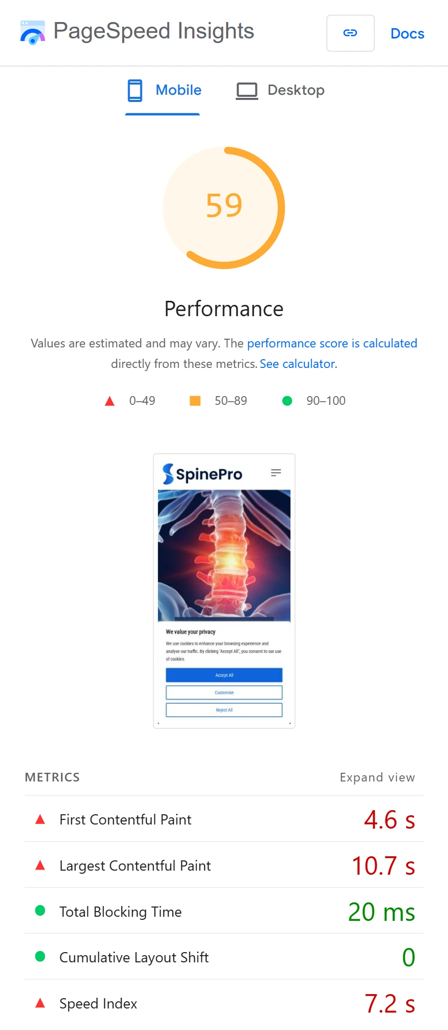 PageSpeed Insights score for old site
