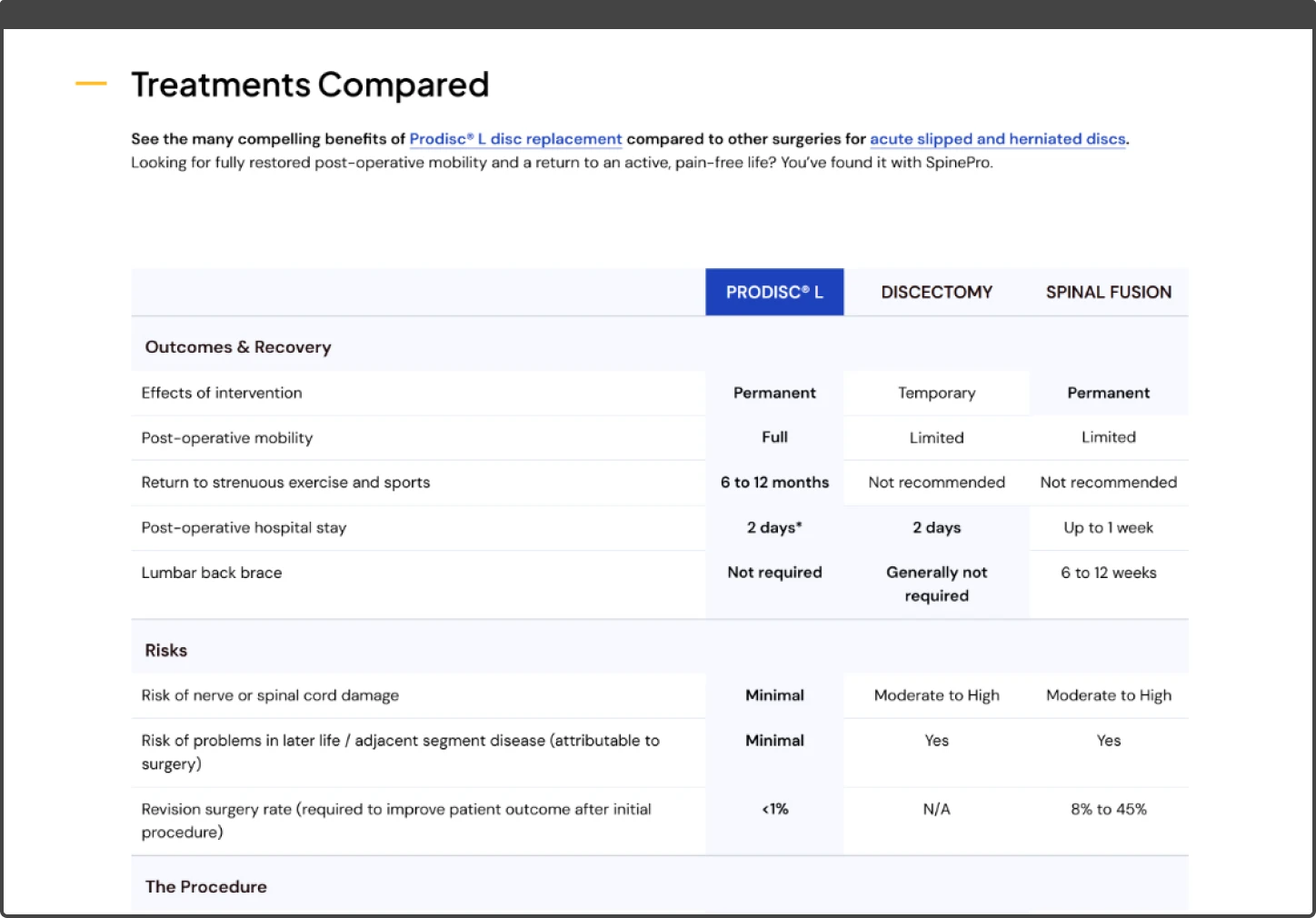 screenshot of new comparison table